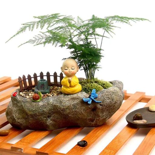 Fantasee 多肉植物ポット 小さなガーデンポット 排水穴付き 樹脂植物 フラワーポット ミニチュアオーナメント ホームオフィス装飾用 (ストーン - リトルモンク)