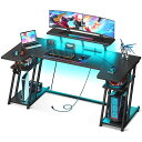 MOTPKゲーミングデスクL字パソコンデスクPCデスクコンセント付きL字デスクデスク机LEDライト付き幅152*奥行70ラック付きゲーミングテーブルモニター台付き炭素繊維天板カップホルダーとフック付きブラック(3)