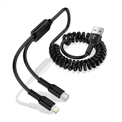 コイル 2IN1 充電ケーブル カールコード IPHONE 充電ケーブル &USB-C ケーブル MFI認証 IPHONE用+ANDROID用 2台同時充電コード 伸縮式 2A 急速充電 車用 ライトニングケーブル GAEF アイフォン マルチ充電