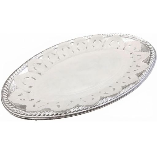 ニッチプラス(Niche Plus) 日本製 使い捨て パーティープレート 約37.5cm レースペーパー付 10枚入|シルバー 楕円形 ホームパーティ 大皿