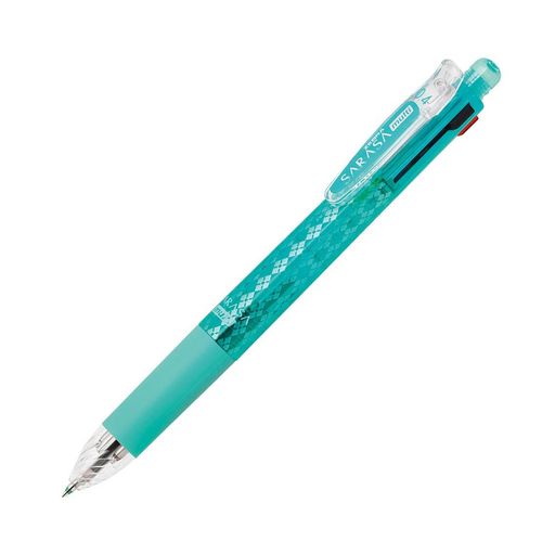 【多機能ボールペン】4色ジェルボールペン(黒・赤・青・緑)0.4mm+シャープ0.5mm 【特長】ジェルインクでさらさらとしたなめらかな書き味/耐水性に優れた水性顔料インク/濃くにじまず鮮やかな発色 【仕様】軸:樹脂・ラバーグリップ付き/クリップ:バインダークリップ式/頭部シャープノック式/先端:グラスカット加工 【ボールペン替芯】NJK-0.4芯/【替消しゴム】J 【本体サイズ】全長154.3x最大軸径13.8mm/重量16.7g 15.5cm