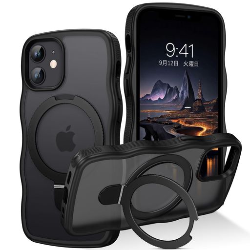 GUAGUAiPhone12MimiケースMagSafe対応ウェーブスタンドMagSafe対応半透明縦横両対応リング付きいphone12Mimi可愛いうねうね韓国120°開閉可能耐衝撃指紋防止マット感滑り止め
