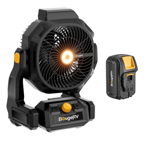 【着脱式バッテリー搭載】BougeRV充電式キャンプ扇風機 前後210度角度調整 15時間連続稼働 8Ah大容量バッテリー 高輝度LEDライト 【AC/バッテリー2WAY対応】