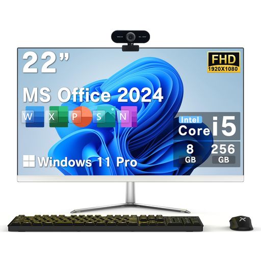 VETESA 一体型PC 22型フルHD/IPSパネル/Win 11/MS Office 2024/Corei5/メモリ 8GB/SSD 256GB/無線WIFI/RJ45 LANポート/カメラ/初期設定済 デスクトップパソコン