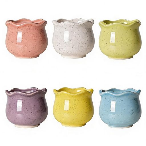 商品仕様:素材:セラミックス製、セット内容:6個セット。1個サイズ:高さ約6.5cm、直径は約7cm、口径直径6.5cm。 上質な素材:高品質のセラミックを使用し、高温で焼成されています。色あせやひび割れが少なく、長く使用できます。通気性を持ち、土壌の湿度を効果的に調整し、植物の根の健康的な呼吸を促進します。また、断熱効果もあり、植物の根を急激な温度変化から保護します。 多彩な外観:マカロンカラーを採用し、異なる色の6つのセラミック植木鉢が含まれており、豊かな色彩と魅力あふれるデザインです。鉢の表面は精細に磨き上げられ、光沢感と細かな質感があり、日光の下でも室内の照明の中でも、その独特の美しさを引き立てます。モダンでシンプルなデザインを採用し、流れるようなラインと簡潔で上品な外観により、あらゆる家庭やオフィス環境に完璧に適応できます。 排水穴付き:この植木鉢は排水穴を設計しており、過度な潅漑を防止し、余分な水分を効果的に排出し、植物の根が水浸しになるのを防ぎ、植物の健全な成長を大幅に向上させます。通気性に優れ、植物が生育する良好な環境を提供します。