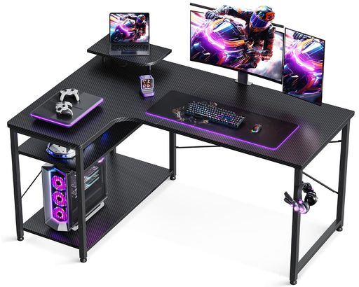 ODK パソコンデスク L字 ゲーミングデスク 幅110 L字デスク pcデスク desk 机 ラック付き 収納 オフィスデスク 在宅勤務 組立簡単 書斎 カーボンブラック 左棚