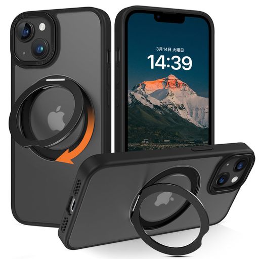 DOMAVER iPhone 13/14 ケース 360°回転スタンド 超強磁力 隠し収納式 米軍MIL規格 耐衝撃 薄形半透明 マット仕上げ リング付き 指紋防止 ストラップホール付き ワイヤレス充電対応 6.1インチ ブラ…