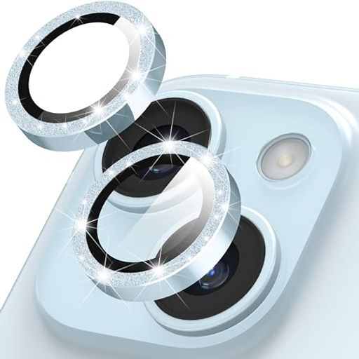 SuomanforiPhone15/15Plusカメラレンズプロテクター、9h強化ガラスカメラカバー、アイフォン15/15プラスに対応したフラキラキラパウダーレンズプロテクター-青