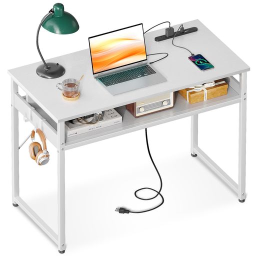 ODK 机 pcデスク パソコンデスク 幅80cm ゲーミングデスク 収納付き コンセント付き 勉強机 computer desk 卓子 ワークデスク 电脑卓 フック2個付き コンパクト テレワーク用 省スペース 組立簡…