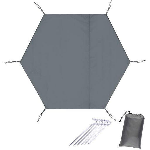 【製品仕様】六角グランドシートのサイズ:220x260cm;270x315cm;325x370cm;ペグ6本と収納袋つきです。折りたためばコンパクトに収納できます。六角形のグランドシートはワンポールテントにぴったりの形状です 【210Dオックスフォード生地】厚手のオックスフォード生地を採用しており、優れた耐摩耗性があり、頑丈で引裂抵抗力あり、長年の使用でも摩耗しにくく、耐久性も優れます。各角に金属ハトメがあり、弾力性あるゴム紐もつき、簡単に設置することができます。 【湿気や浸水を防ぐ】両面の撥水加工を採用し、耐水圧3000mmのPUコーティングを施して、地面からの湿気や浸水を防げるので、テント内で快適に過ごせます。テントシートの縫い目にシールテープ防水加工を施し、雨のキャンプでもテント底面が濡れるのを防いでくれます。 【テントの底面を保護】グランドシートを敷くとテントの底が傷つくのを防ぐことができます。汚れや水ぬれ防止にも役立ちます。折りたためばコンパクトに収納でき、省スペースで軽量で携帯しやすい。