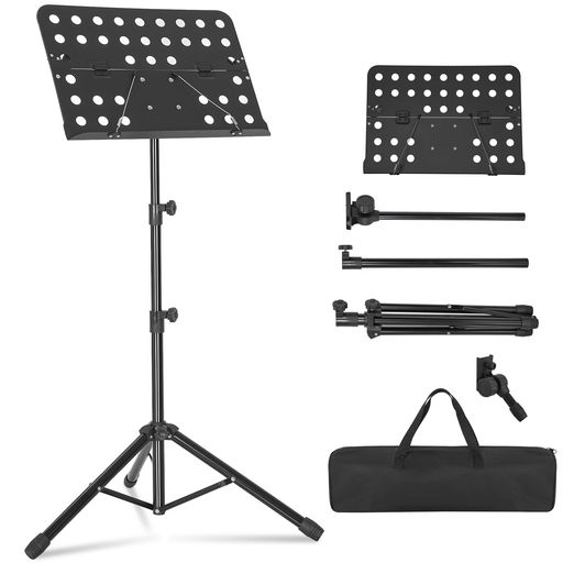 8分音符【使いやすい微調整用ノブ】ミュージックトレイは180度まで傾けることができ、どんな高さのユーザーでも楽に楽譜を読める。荷重は5.5kgで、楽譜だけでなく、譜面部分は本やタブレットも置ける;譜面乗せ部分:43.5cmx30cm。 8分音符【高さ調整可能】3段式の支柱で、高さは約49〜127cmの範囲で調節できます。座りながら演奏したいときも、立って演奏したいときも最適な高さに合わせられ、譜面も見やすい角度に固定できるので、使い勝手のよい譜面台です。 8分音符【携帯に便利な折りたたみ式】黒い折りたたみ式譜面台は簡単に携帯することができ、収納ケースも付いています。パイプ部分が太くて丈夫なので、しっかりと安定感が得られるのが魅力です。三脚には滑り止めゴムが付属し、脚の支え部分もダブルタイプで、バランスに優れており、演奏中に傾いたり倒れたりすることがありません。 8分音符【高品質】安定性の高いゴム足と丈夫なベースで開閉には大変便利。自由な角度も調整できます。三脚折畳式で、脚部を大きく広げ、しっかりとした作りで安定感抜群、穴あきタイプで軽量で、譜面も折りたたみできます。