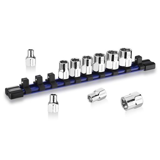 【セット内容】差込角9.5mm(3/8インチ)の六角ソケットセットです。ソケット10点組:7mm 8mm 10mm 11mm 12mm 13mm 14mm 15mm 16mm 17mm。 【高品質な材質】ソケットはCr-V材質を採用しており、全面にメッキ処理を施して、熱処理により高い強度と優れた耐摩耗性を実現しています。錆びにくく、長期間ご使用いただけます。 【使いやすいホルダーデザイン】付属のホルダーは強力なバネ式クリップでソケットをしっかり固定できます。スムーズにスライドして簡単に着脱でき、作業効率を向上させます。また、位置を自由に調整できるクリップ構造で、お好みの並び順に変更可能です。 【6角設計&amp;転がり防止】本製品は6角設計を採用しており、転がりを防止するだけでなく、スパナでも使用可能です。作業中の安定性が高く、狭い場所でもしっかりとトルクをかけられます。 【幅広い用途に対応】自動車やバイクのメンテナンス、機械の組立・修理、DIY作業など、さまざまなシーンで活躍します。さらに吊り下げ穴付きなので、壁掛け収納も可能。工具の紛失を防ぎ、整理整頓にも便利です。