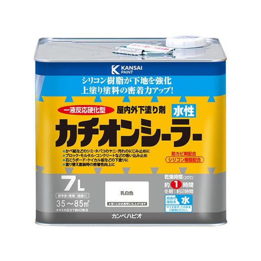 内装/外装 【乾燥・塗重時間】 【20°C】乾燥時間:約 1 時間 塗重時間:約 2 時間以上 【冬期】乾燥時間:約 2 時間 塗重時間:約 4 時間以上 【塗り面積(1回塗り)】 2L:平方メートル:約 10 ~ 25 M2 タタミの広さ:約 12 枚分 4L:平方メートル:約 20 ~ 50 M2 タタミの広さ:約 24 枚分 7L:平方メートル:約 35 ~ 85 M2 タタミの広さ:約 42 枚分 14L:平方メートル:約 70 ~ 170 M2 タタミの広さ:約 84 枚分 【特徴】 ■[密着性UP! ]カチオンのプラスイオンと素地、旧塗膜のマイナスイオンが電気的に引き合い、密着性を高めます。 ■[密着性 &amp; 耐久性がUP! ]シリコン配合の反応硬化タイプなので密着性と耐久性をさらに向上させます。 ■[扱いやすいペンキ]水性なので臭気も弱く、取り扱いも簡単です。
