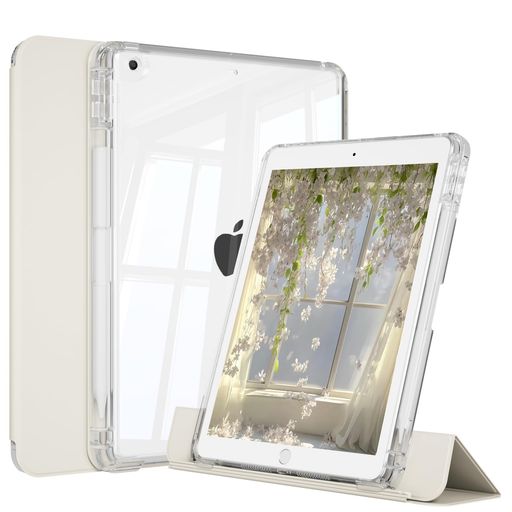 樂天商城 - KTGGHGiPad9世代ケース第8/7世代(2021/2020/2019)対応10.2インチ用縦置き分離式横向き&縦向きスタンド機能付き軽量保護ケースクリアバックカバーオートスリープ三つ折りペン収納(ホワイト)