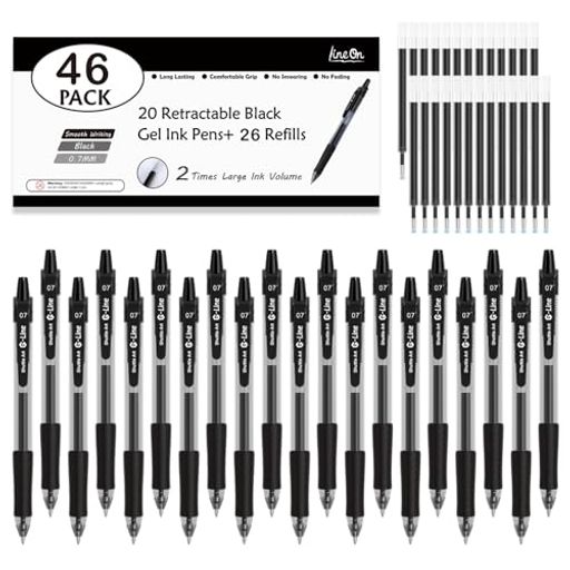 Lineon ジェルボールペン ボールペン ノック 式 ブラック 0.7mm 20ゲル ペン 26替え芯 46パック 速乾 手帳 ノート グラフ スケッチ 事務用 筆記具用
