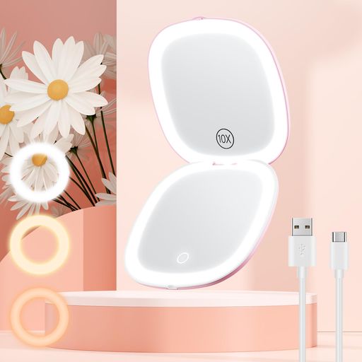 LEDミラー携帯ミラー1X/10X両面鏡両面ライト付き拡大鏡明るさ調整三色調光メモリー機能タッチ(ライトピンク)