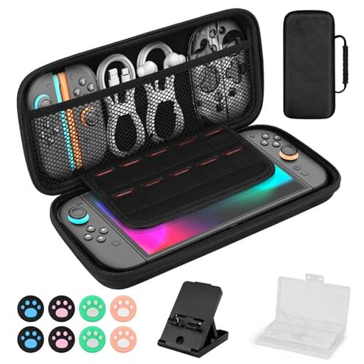 【ゲーマー必須アイテム!】ゲームカードを多数お持ちのユーザー向けに、このSwitch 2 ケースは10個の独立したゲームカードスロットに加え、高級感あふれるゲームカード収納ケースを付属しています!ゲームカード収納ケースは12枚のカードを収容可能です! 【科学的なレイアウト!】このSwitch 2 ケースは空間を最大限に活用しており、本体収納スペースに加え、調整可能な仕切りと伸縮性のあるメッシュポケットを備え、Joy-Conやイヤホンなどのアクセサリーも簡単に収納可能です。ご注意:このSwitch2ケースは充電器を収納することができません。このケースは高さ4.5cmまでしか対応していません 【豊富な実用アクセサリー!】Joy-Conを外して遊ぶゲームで本体の置き場に困る問題を解決するため、Switch2専用のスタンドをケースに同梱しております。スタンドは高品質ABSでできており、安定性抜群で耐久性に優れています 【アナログスティックカバー 8個】操作が激しいゲームにより、ジョイスティックが破損しやすくて、オリジナルジョイスティックの交換は非常高いです。