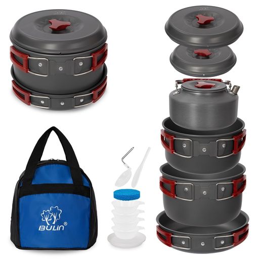 BULinクッカーセット14点【4人用・直火対応】軽量アルミ製鍋+フライパン+ケトル+食器付き登山キャンプ..