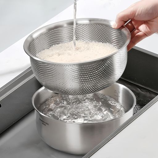 ざるボウルセット18-10ステンレス直径20x高さ10cmボウル目盛付ザルで野菜と米麺を洗う水切り調理ボウル食洗機対応
