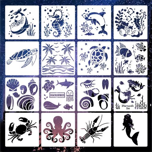 Rolin Roly テンプレート 海 海洋 生物 15 x 15 cm 製図用 16種類 16枚 DIYスクラップ ステンシルシート 教育用 絵画 ホワイト DIYパターン画ボード (海洋生物 B)