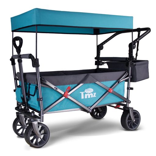 乐天商城 - TMZアウトドアワゴン 屋根付き キャリーワゴン 折りたたみキャリーカート耐荷重 120KG 大直径ゴムタイヤ 買い物用、ピクニック、拡張カゴ付きお花見 キャンプカート(ターコイズ)