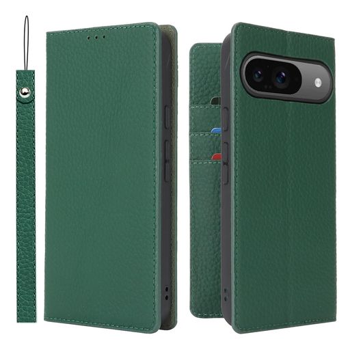 Havaya対応Pixel9proケースPixel9ケースピクセル9ケース手帳型本革ストラップGoogleグーグルスマホケースdocomoau耐衝撃カバーSoftBankカード収納スタンド機能レザー-グリーン