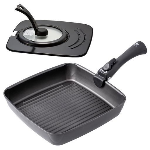 アイメディア(Aimedia)魚焼きパンフライパンセット3点(スクエアパン/蓋/脱着ハンドル)グリルパン魚焼きグリルホットプレート着脱式取っ手チタンシェフ取っ手が取れるIH対応ガス火対応オ…