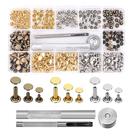 YFFSFDCカシメセットレザークラフト3サイズ3種色リベットリベットパーツスタッズ底鋲打ち具キット打ち台パーツDIY手作りベルト布革細工靴ジーンズカバン収納ケース付き(90Pcs)