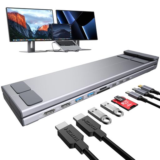 樂天商城 - Mukiya9-in-1ノートPCスタンドドッキングステーション(HDMI4K@60Hzx2・USBAx2・USBC・SDカード最大104MB/s・TFカード・PD100W)5Gbps高速転送折りたたみ式アルミ合金MacBook