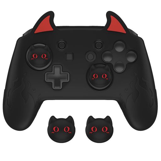 PlayVital Cute Demon Nintendo Switch Proコントローラー対応用シリコングリップカバー ジョイスティックキャップやステッカーシール付属【ブラック】