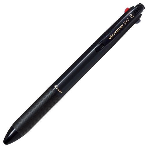 1本に機能満載。あらゆるシーンで活躍する、シャープペンシル付アクロボール。 【サイズ】最大径φ 12.9mm 全長 149mm 【インキ】 油性染料インキ(アクロインキ) 【ペン先】 細字0.7mm(黒・赤・青)、0.5mmシャープ 【方式】 スライドレバー式 【軸色】ブラック