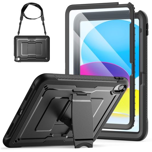 Carrying Bags - SEYMACstockiPadA16第11世代(2025)/第10世代(2022)専用耐衝撃ケース全身保護横置きスタンドフィルム付きフレームフィルムなしフレームショルダーストラップ付き(ブラック)
