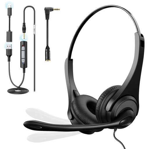 VoistekヘッドセットType-C/USB-A/3.5mmJack/2.5mmJack4-IN-1両耳ノイズキャンセリングマイク付き有線ヘッドセットSkype、Web会議、在宅勤務、リモートワーク、通信事業者に適用されるプロ