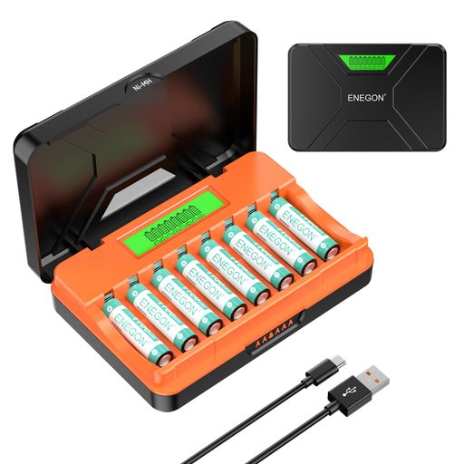 ENEGON8本組単4形ニッケル水素充電池(1100mAh)付属8スロット汎用充電器(単3/単4対応)LCD表示、Type-Cケーブル付き急速充電、おもちゃ、ラジコンカー、電子機器用