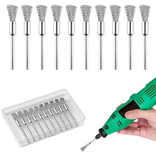 【製品仕様】ブラシ直径3mm、軸径3mm、全長10cm、材質はステンレス製メタルワイヤー。セット内容は錆取り用ワイヤーブラシ10本と収納ボックス付きです。 【耐久性の高い素材】ステンレス鋼製のブラシは丈夫で安定性が高く、長時間使用しても変形や破損が起こりにくく、長く使い続けることができます。 【隅々まで届く延長設計】スリムなブラシ形状と10cmのハンドルにより、パイプや機械部品の奥まった場所、狭い溝や穴などの清掃も簡単に行えます。 【簡単装着&amp;操作】小型ブラシは電動ドリルやルーターに簡単に取り付け可能で、作業時間を短縮し効率的に清掃作業ができます。 【優れた研磨力】ステンレスワイヤーブラシは金属スケール除去、研磨、木工彫刻の溝や小穴の仕上げなどに最適で、工具や自動車部品、ドアハンドル、電気接点の錆やバリ、ほこり除去にも活躍します。