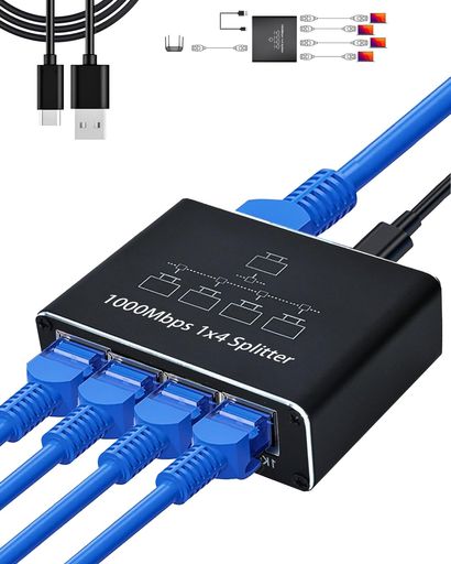 LAN 分配器 LAN ケーブル 分岐 RJ45 1000MBPS 1入力4出力 4台同時使用 CAT5 CAT5E CAT6 CAT7 CAT8対応 ネットワーク拡張 ネットワーク同時利用 四股同時出力 PS5/PS4対応 データー伝送 4画面PC対応