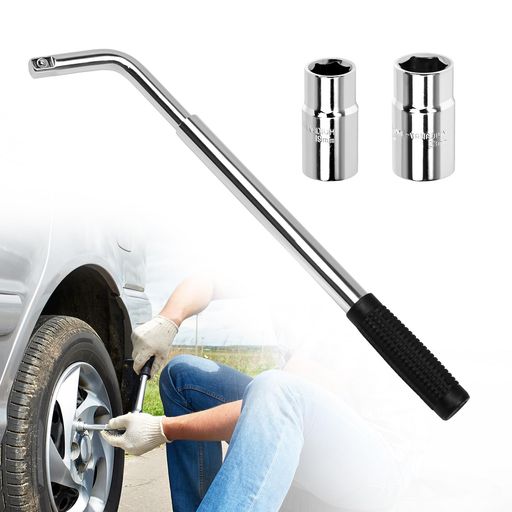 🔧【4種サイズ対応・充実のタイヤ交換セット】 車載工具として必須の伸縮式L型ホイールレンチ本体に、リバーシブル仕様のクロームソケット2個(17mm/19mm、21mm/23mm)と専用収納ポーチが付属。差込角12.7mm(1/2インチ)を採用し、軽自動車から普通車まで、幅広い車種のホイールナットに適合します。スタッドレスタイヤの履き替えや日常のメンテナンスがこれ一つでスムーズに! ✨【350-500mm伸縮自在・テコの原理で超省力】 従来のクロスレンチや十字レンチよりも力が伝わりやすいL型設計を採用。ハンドルの長さは350mmから最大500mmまで無段階に調整可能です。延長して使用することでテコの原理が最大限に働き、固く締まったナットでも女性や初心者の方でさえ、驚くほど少ない力(省力)で簡単に緩めることができます。 🛡️【高耐久CR-V鋼・滑り止めグリップ設計】 レンチ全体は自動車整備工具に最適な高品質クロムバナジウム鋼(CR-V)を厳選して使用。表面には防錆コーティングを施しており、錆びにくく圧倒的な耐久性を誇ります。さらに、持ち手部分には人間工学に基づいたゴム製カバーを採用。