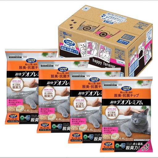 乐天商城 - ニャンとも清潔トイレ 猫砂 脱臭・抗菌チップ 超快デオプレミアム 小さめの粒4.4Lx4個