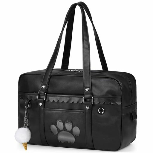 [NEWHEY]スクールバッグ高校生女子スクバ合皮通学ボストンバッグ大容量A4収納通学鞄可愛いイヤホン穴付きアイスクリーム飾りを付き修学旅行学校部活動通塾入学式通学用ブラック