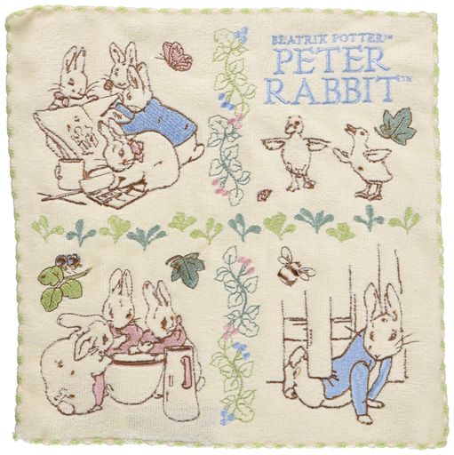 サイズ : 25x25cm 素材:綿100% 仕様:シャーリング・マジックメロー・全面刺繍 生産国:中国 愛らしいピーターラビットのミニタオルです