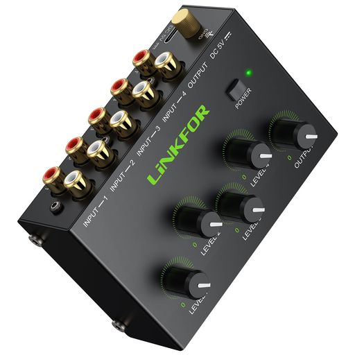 【4チャンネルオーディオミキサー、複数の音源を柔軟に接続】最大4つのステレオRCA音声入力に対応しており、複数の音源機器を同時に接続できます。統一されたRCA出力を通じて、複数の音源を簡単に管理し、混乱したケーブルや信号干渉を避けることができます。家庭用シアター、スタジオ、DJパフォーマンスなど、さまざまなシーンで音声統合の手間を減らし、より簡単な操作が可能です。 【高品質ゴールドメッキ端子、クリアな音質保障】すべての入力・出力端子(合計10個のRCA端子)は高品質のゴールドメッキを採用しており、接続の安定性と耐酸化性を向上させ、信号の損失やクロストークを最小限に抑えます。これにより、音声信号の伝送がクリアでロスなく行われ、高品質な音質を提供します。高音質を求めるオーディオ機器との接続に最適です。 【音量調整が精密、各音源を自在にコントロール】4つの独立した音量調整ノブを装備しており、各音源の音量レベルを細かく調整できます。また、メイン音量ノブを使えば、最終的なミックスの全体音量を簡単に調整でき、家庭用シアターやオーディオ制作環境での音量管理が非常にスムーズに行えます。