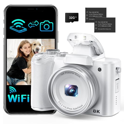 8Kデジカメ8800万画素スマホに送れるデジタルカメラwifi転送機能レトロ有効画素4800万6軸手ぶれ補正前後カメラフラッシュ初心者64gカード付白