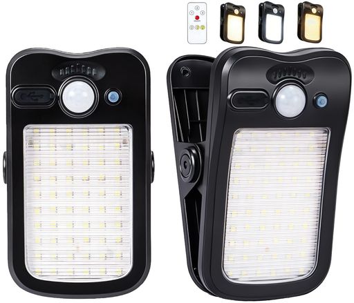 ソーラーライト 屋外 クリップ USB充電式 昼白色/昼光色/電球色 3色切換 リモコン付き センサーライト ソーラー 60LED 3つ知能モード 人感センサー IP65防水 太陽光発電 自動点灯 ガーデンラ…