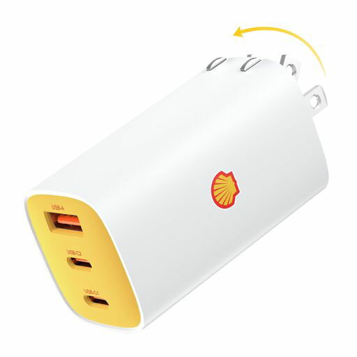 【PD充電器65W+3ポート搭載】Shell(シェル)のタイプC充電器は、Type-Cポート2つとUSB-Aポート1つを備え、最大3台のデバイスを同時に充電可能。65Wの高出力で、パソコンからスマートフォンまで、すべてのUSB-Cデバイスに対応します。旅行や自宅でも、この1台で十分に対応できます。 【進化したGaN技術III世代】III世代GaN技術を搭載したPD充電器は、従来の65WタイプC充電器より約30%小型化され、さらにI世代GaN技術に比べて余分な熱を発生させず、動作温度を低く保ちながら、より強力な出力を提供。これにより、高効率な充電が可能になります。さらに、折りたたみ式プラグを採用しており、他の物と接触しても傷が付きにくく、どこへでも簡単に持ち運べます。 【PD3.0/QC4+対応】スマートフォン、タブレット、ノートパソコンなど、あらゆるType-C対応デバイスを効率的に急速充電できます。MacBookAirは約2.1時間、MacBookPro13は約1.8時間、iPhone11は約1.8時間でフル充電が可能。