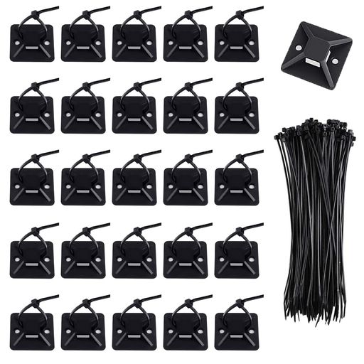 ケーブルタイマウントベースナイロン結束バンド50個セットブラック強力粘着テープ付きナイロンケーブルストラップ配線固定具ケーブルコード整理収納耐熱耐候性23mmByViaky