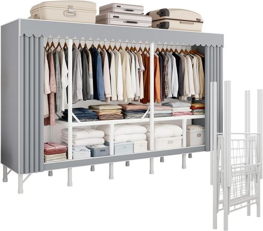 Wardrobe - ワードローブ金属フレームカバー付き大容量折りたたみ式クローゼットハンガーラック高耐荷重衣類収納ラック省スペース防水防塵防汚仕様携帯便利引っ越し対応日本語説明書付き210x48x172cm