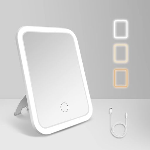 tekstapライト付きミラー、3色モード明るさ調節可能鏡ライト付き、持ち運びに便利ledミラー軽量、充電式化粧鏡led、旅行/卓上/寝室に適したポータブル女優ミラー、女の子のプレゼント(四角)