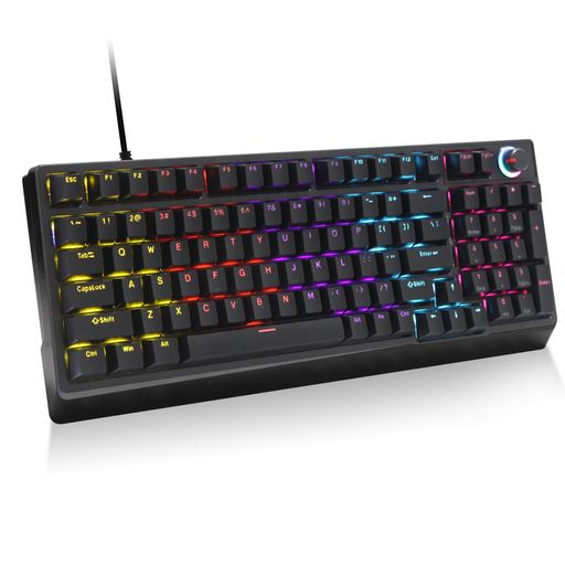 ゲーミングキーボード赤軸98キーメカニカルゲーミングキーボードLEDバックライト付きワード発光USB有線高速応答数字キー付き音量調整ノブオフィス/ゲーミングコンピューターキーボード(ゲーミングキーボード)贈り物