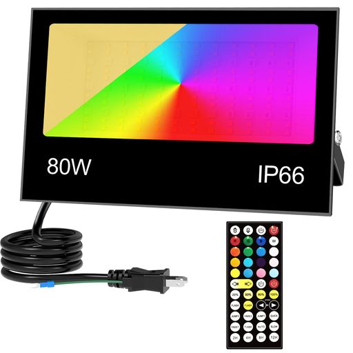 【主な仕様】:「80W LED投光器」;「色温度:RGB カラー + 2700K(暖白色)、8000lm」;「ランプ本体の厚さは 4.5cm で、放熱効果と外観を両立しています」;「LED発光源:SMD3030 + SMD5050」;「CRI >85」;「発光角度:120°」;「ケーブル:1.5m」;「入力電圧:AC 100-110V 50~60Hz」;「接地線付きプラグ」;「重さ:0.85kg 」;「防塵防水:IP66」; 「放熱設計:アルミ材質と櫛形ヒートシンク」。 【RGB カラーモード】:この LED 投光器はリモコンのボタン操作で簡単に制御でき、16 色の色選択、6 種類のライト変化モード、さらに明るさを 10 段階で調節できる機能を備えています。祝日パーティーの照明や、家屋の外壁、芝生、門廊、庭園、ガーデン、木の下などの屋外装飾に適しており、水族箱用ライトとしても活用できます。 【暖白光モード】:この投光器は RGB カラーモードに加えて、専用の暖白色(色温 2700K)を備えており、明るさ 8000lm で日常照明に使用できます。