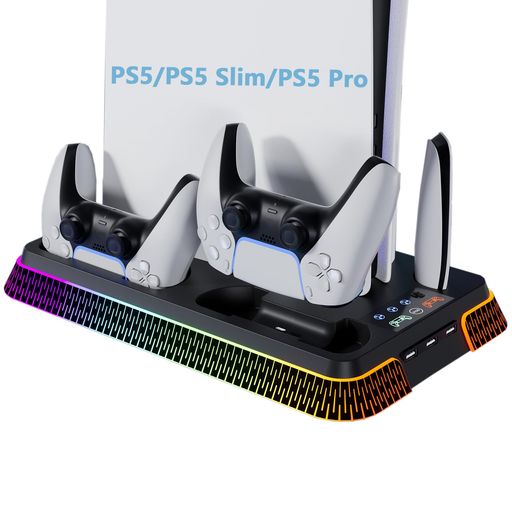 PS5Pro/PS5/PS5Slim用縦置きスタンド【新登場PS5pro/slim対応】ps5コントローラー充電多機能冷却ファン充電スタンド同時充電充電指示ランプ付RGBライトPS5スリム/PS5用アクセサリー